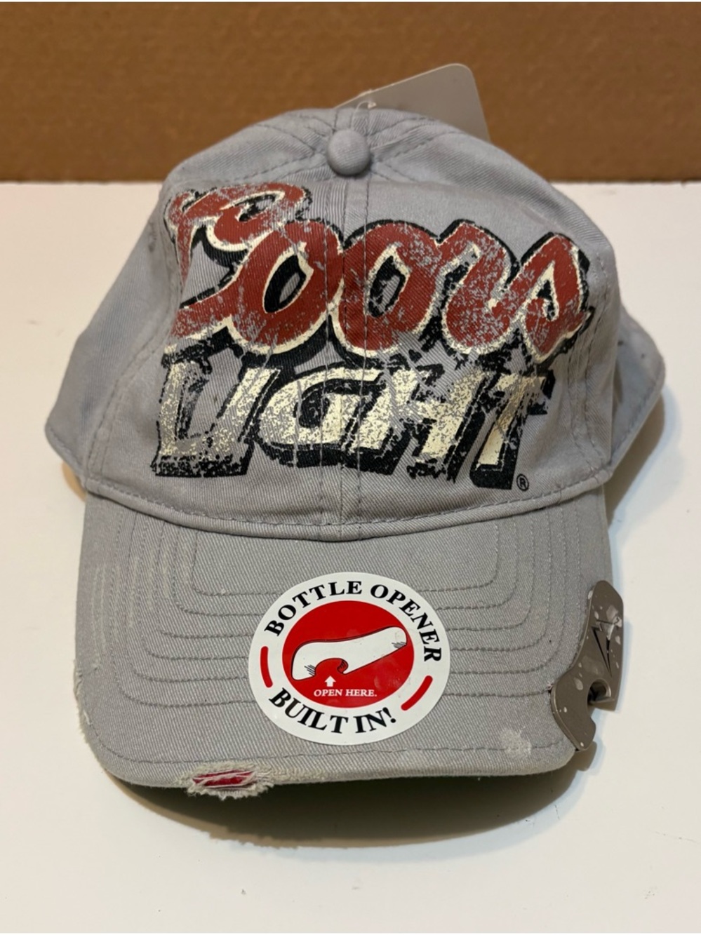 NWT Coors Light Beer Distressed Cap With Built In Bottle Opener, Adjustable 2008